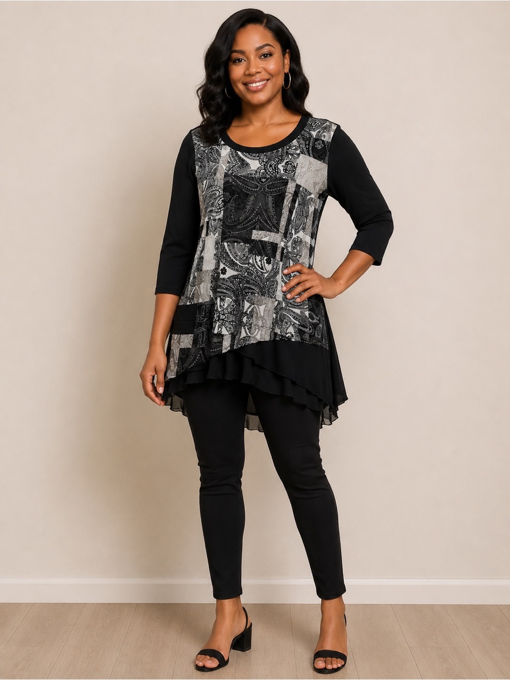 Style & Co. Black White Paisley Whimsy Pullover Boho Tunic 3/4 Sleeve SZ LG-K